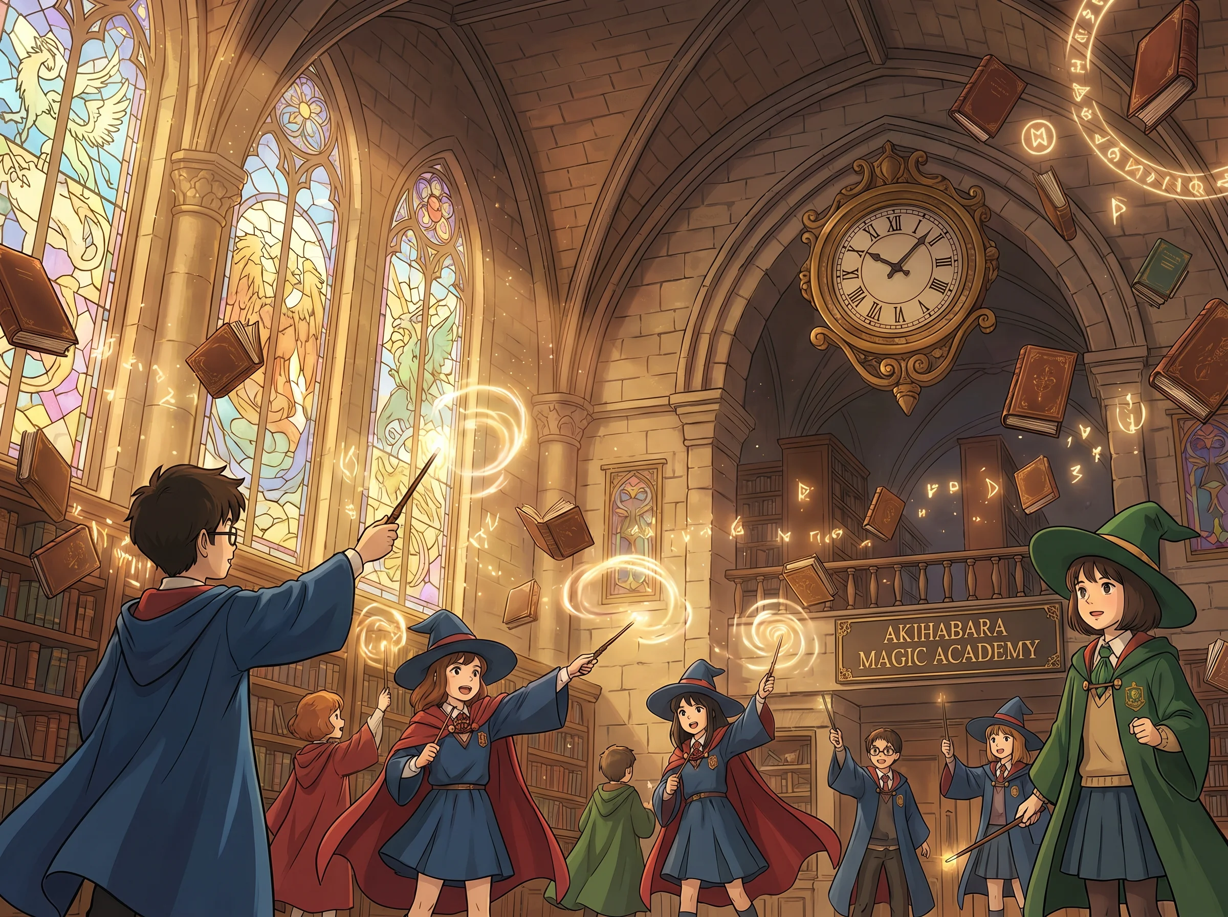 魔法学院施法场景同人画作 - 飞书与符文金色光芒