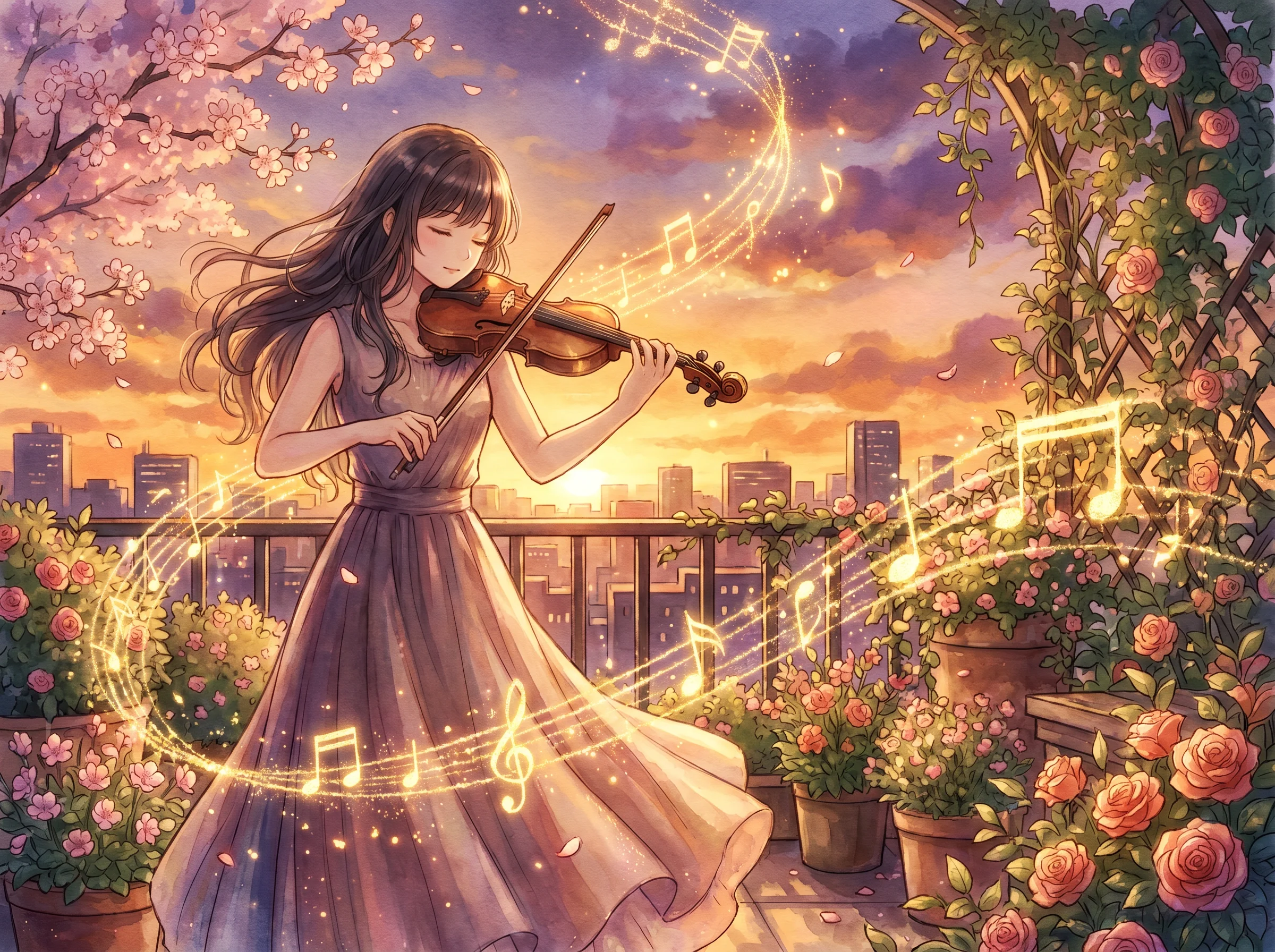 屋顶花园小提琴少女同人画作 - 夕阳音符飘散