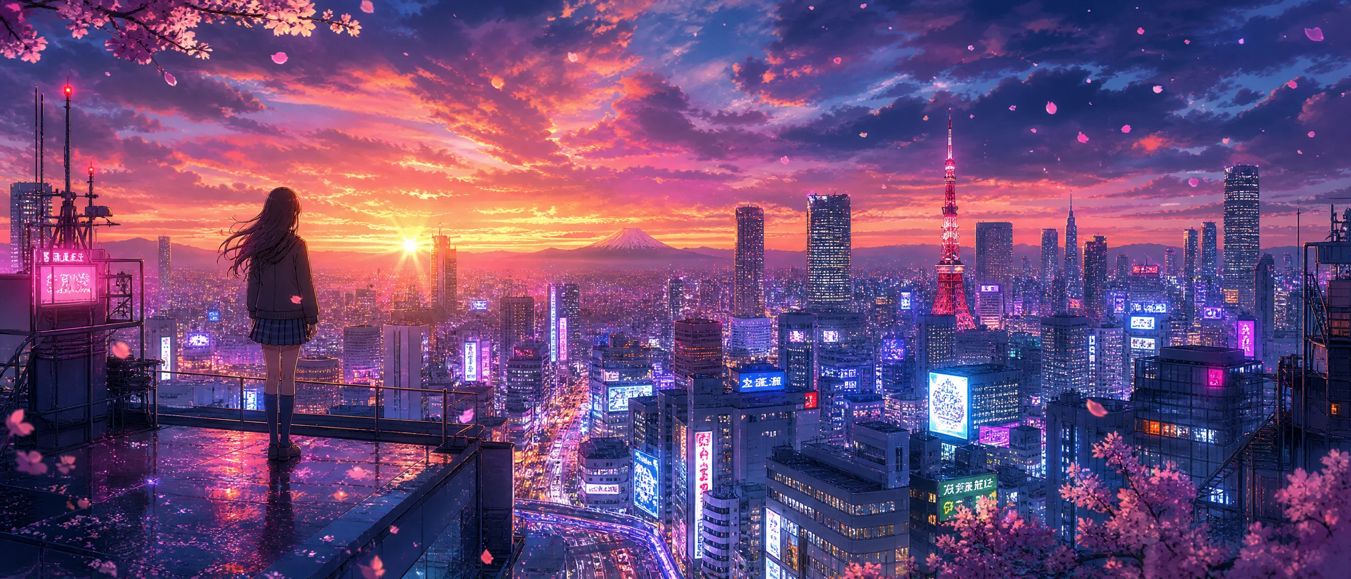 城市黄昏全景动漫壁纸 - 少女站在天台眺望霓虹都市
