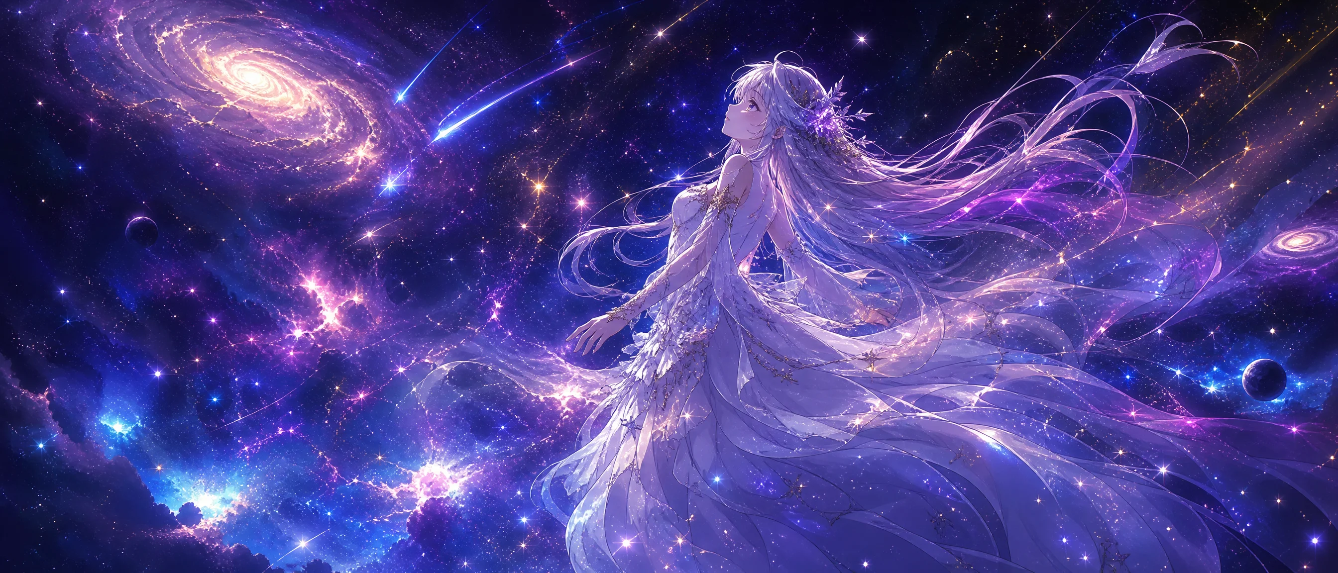 星空宇宙动漫壁纸 - 少女漂浮在绚丽星云之间