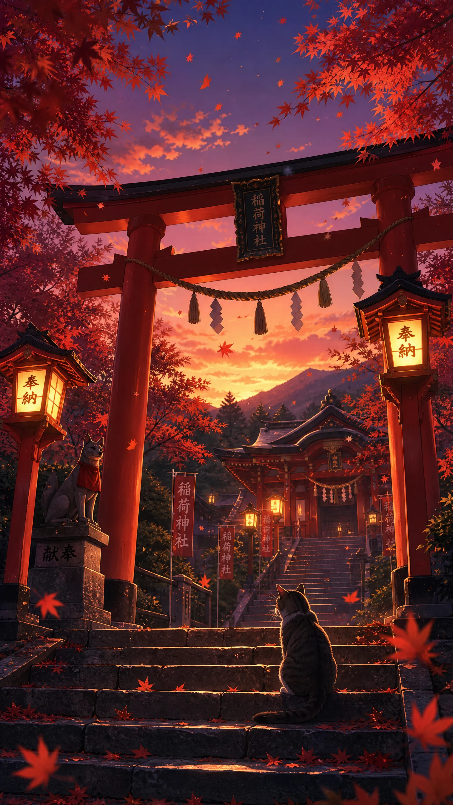 秋日神社鸟居手机动漫壁纸 - 红叶灯笼日式风情