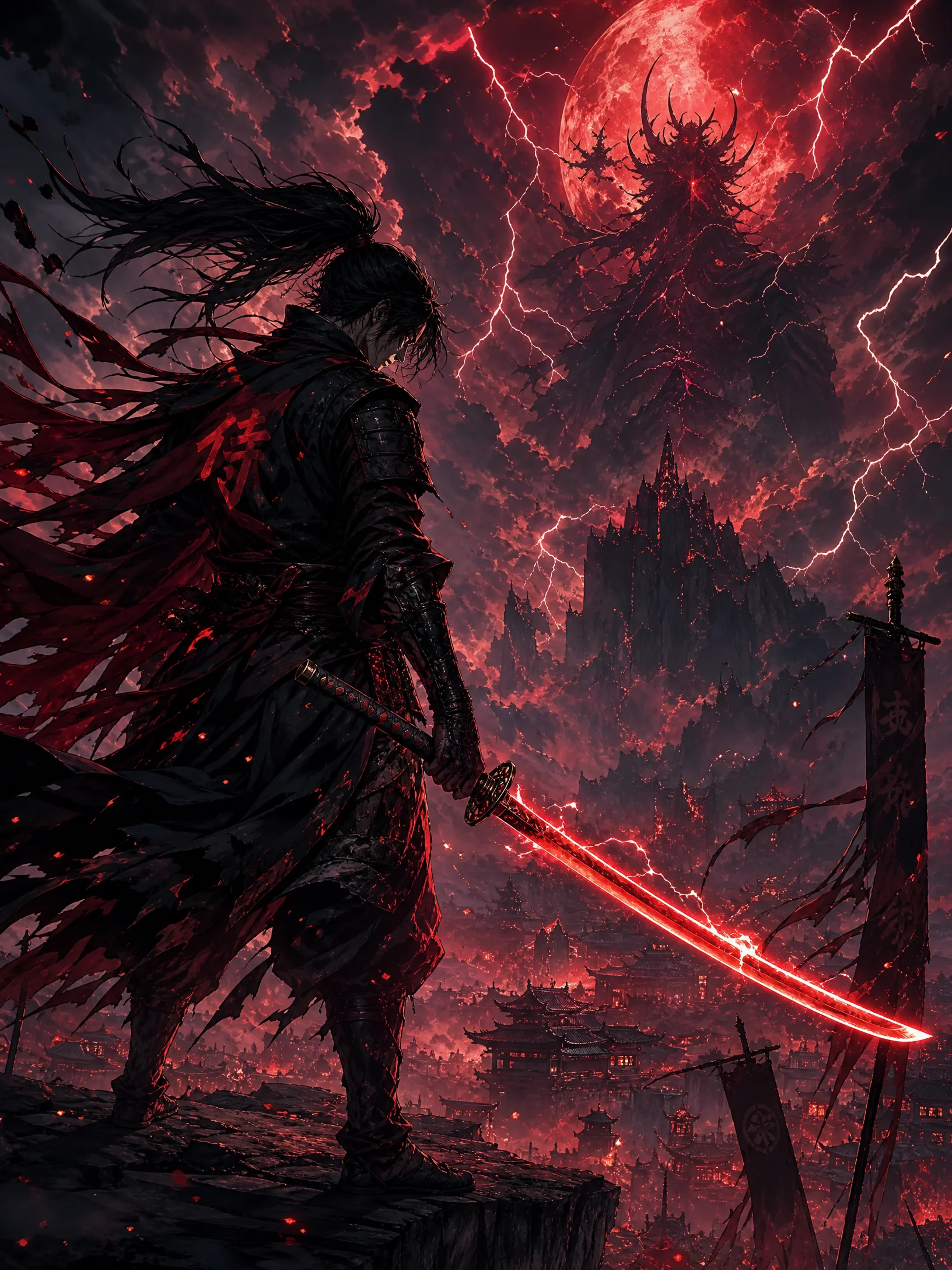 暗夜武士持刀动漫壁纸 - 红月雷电史诗战斗场景