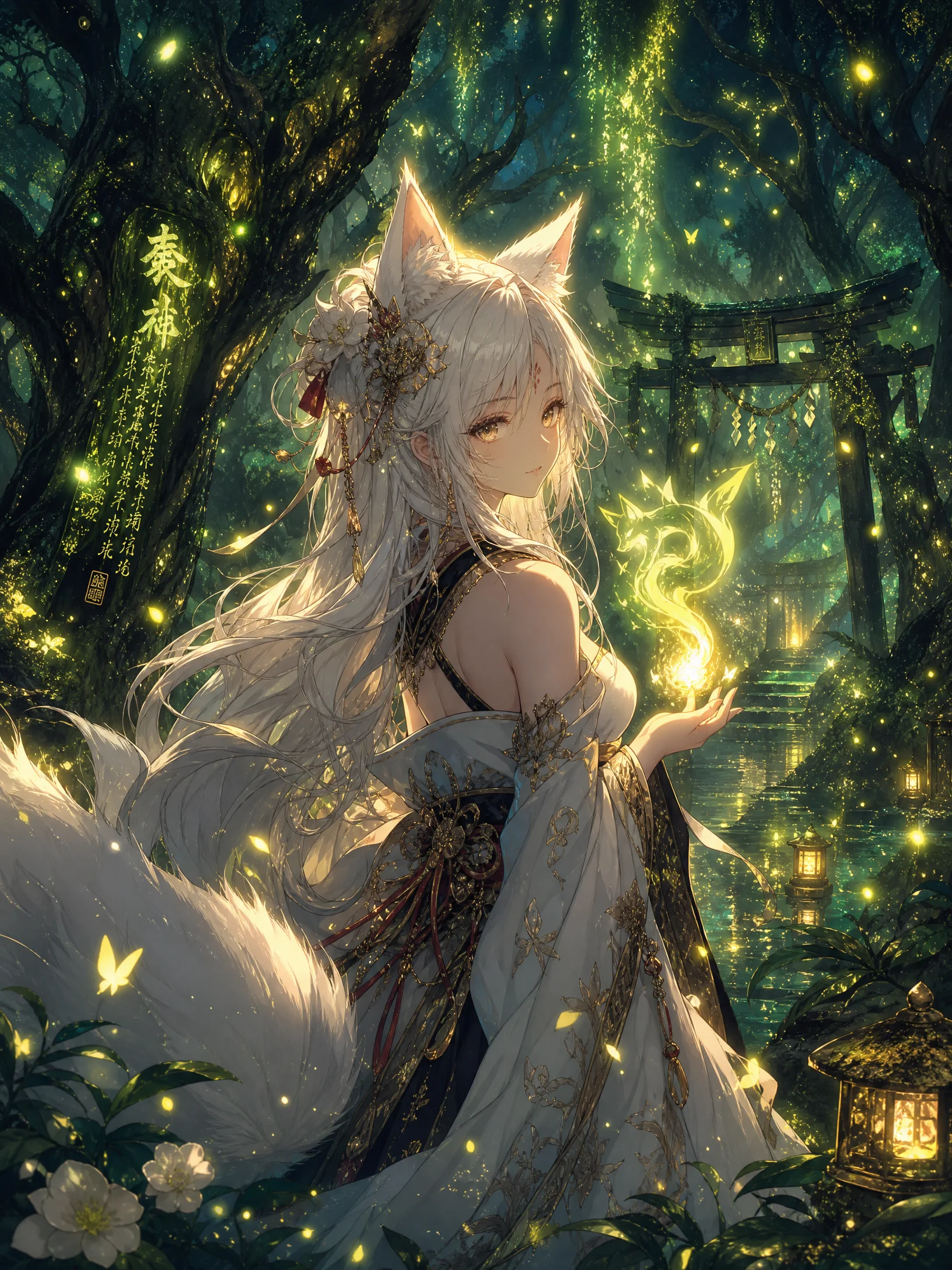 白狐灵少女魔法森林动漫壁纸 - 萤火虫与古树仙境